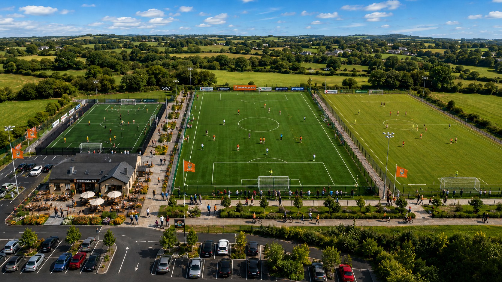 Illustrative aerial vision of the proposed Innishvilla AFC club development, including enhanced playing and community facilities