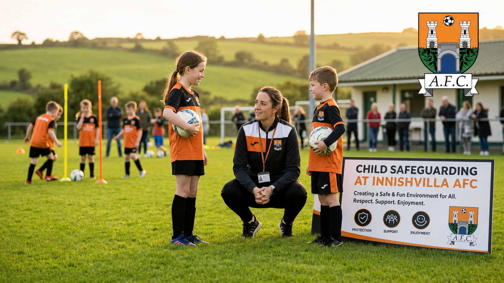 Innishvilla AFC coach speaking with young players during a safeguarding-focused training session